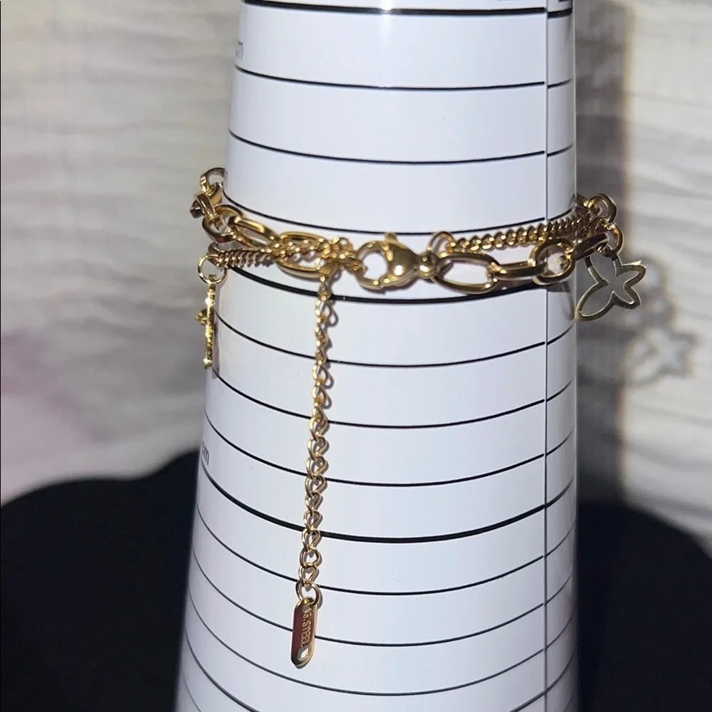Premium 18K Gold Plated SS Double Chain Link and Butterflies Bracelet $49